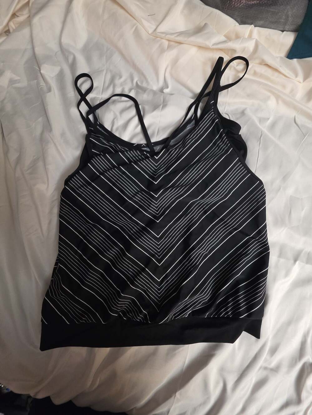 Athleta Chevron Blousy Tankini Top Black White Striped Size 38D/DD